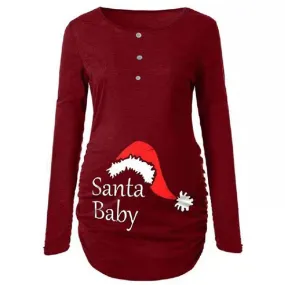 Niedliches Umstandskleid mit Weihnachtsmützenmotiv Textaufdruck Langen Ärmeln und Rundhalsausschnitt