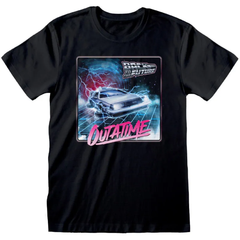 Offizielle Back To The Future DeLorean Time Neon Unisex Schwarze T-Shirt