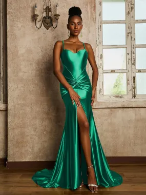 Plissee-Taille Meerjungfrau Stretch-Satin Kleid Pfau