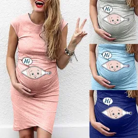 Ärmelloses Umstandskleid mit Niedlichem Cartoon-Baby-Motiv und Rundhalsausschnitt